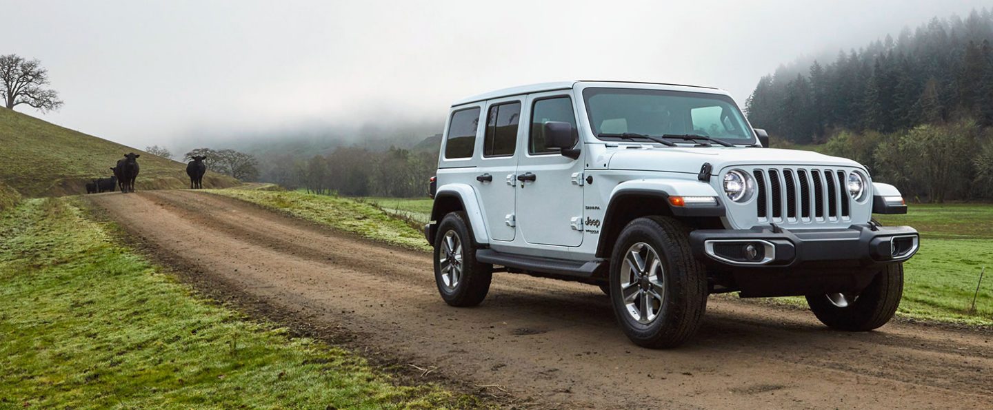 A 2020 Jeep Wrangler on a country road.